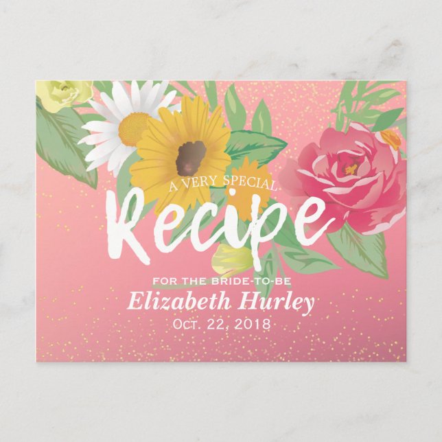 Bridal Shower Recipe Rose Flower Pink Gold Glitter Invitation Postcard (Front)