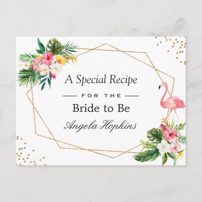 Bridal Shower Recipe Tropical Flamingo Luau Floral Postcard (Front)