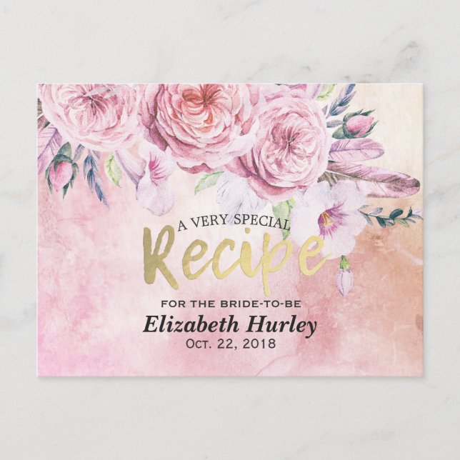 Bridal Shower Recipe Watercolor Floral & Feathers Invitation Postcard (Front)