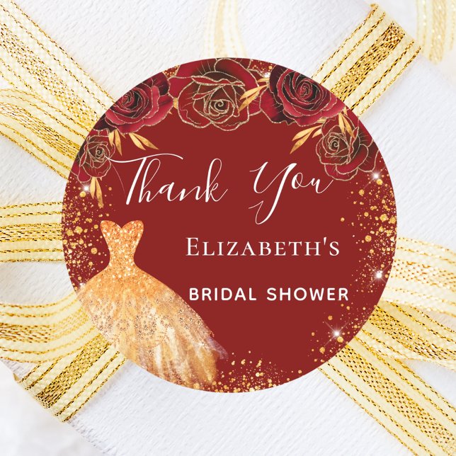 Bridal Shower red gold dress Thank You Classic Round Sticker (Creator Uploaded)