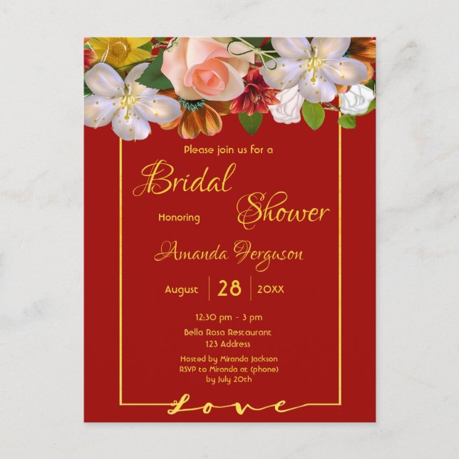 Bridal shower red gold florals postcard (Front)