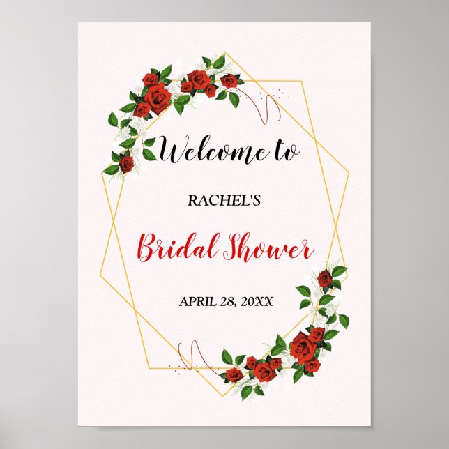 Bridal Shower Red Gold Glitter Floral Welcome Sign (Front)