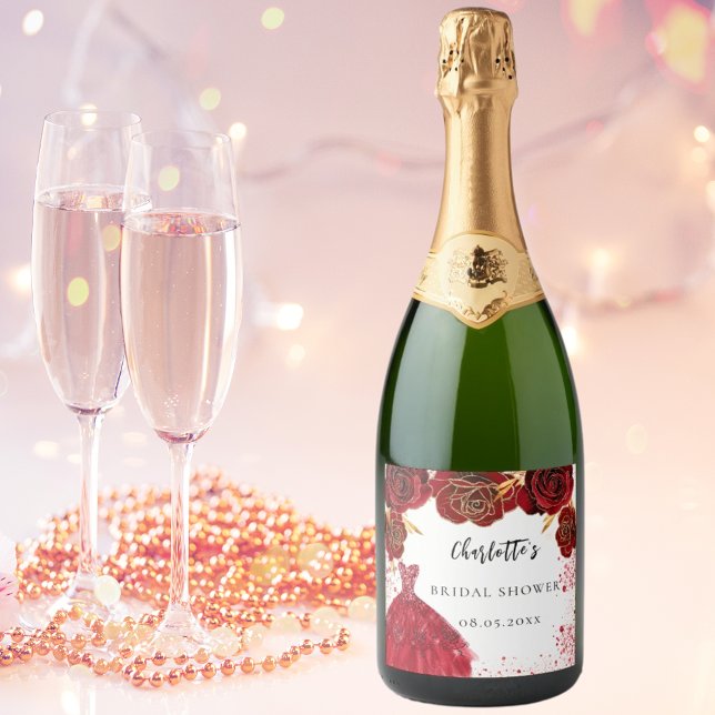 Bridal Shower red white dress flowers Sparkling Wine Label (Creator Uploaded)