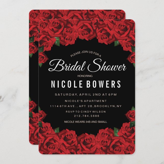 Bridal Shower Romantic Red Roses Invitation (Front/Back)
