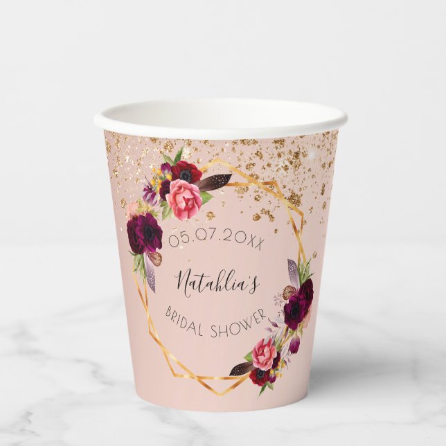 Bridal Shower rose gold burgundy florals  Paper Cups (Front)