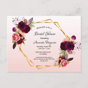 Bridal shower rose gold burgundy invitation postcard