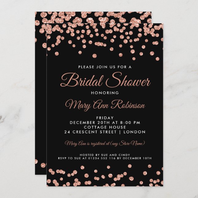 Bridal Shower Rose Gold Faux Glitter Confetti Blac Invitation (Front/Back)