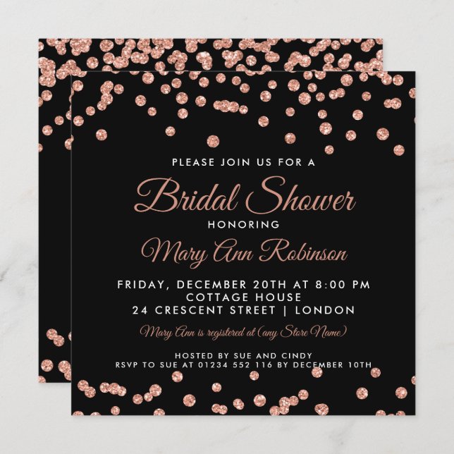 Bridal Shower Rose Gold Faux Glitter Confetti Blac Invitation (Front/Back)