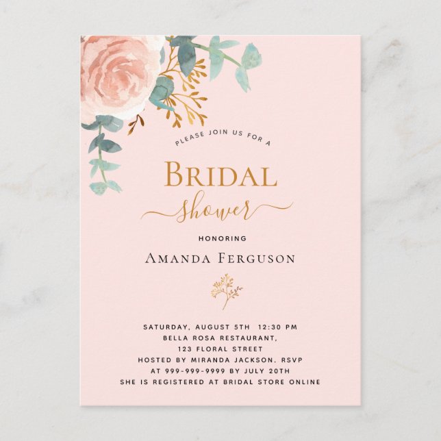 Bridal Shower rose gold floral eucalyptus elegant Postcard (Front)
