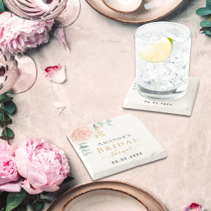 Bridal Shower rose gold floral eucalyptus monogram Stone Coaster