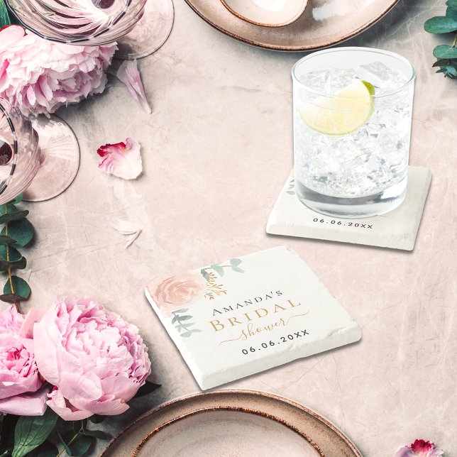 Bridal Shower rose gold floral eucalyptus monogram Stone Coaster (Creator Uploaded)