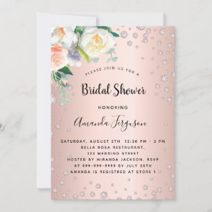 Bridal shower rose gold florals diamonds invitation