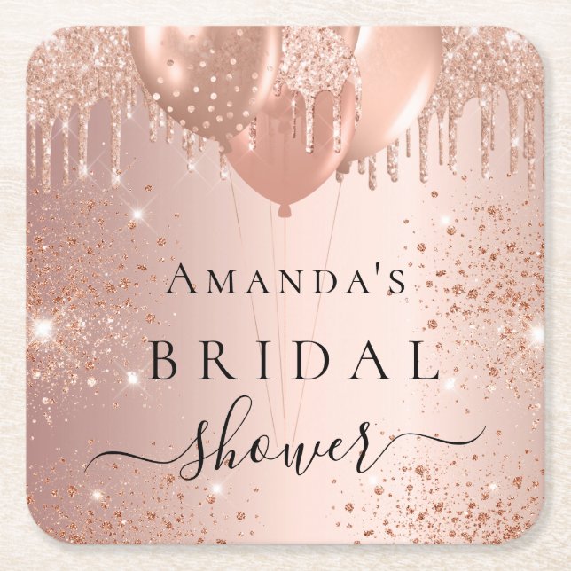 Bridal Shower rose gold glitter balloons glam Square Paper Coaster (Front)