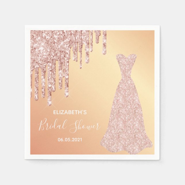 Bridal Shower rose gold glitter drips bride dress Napkin (Front)