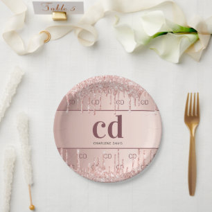 Bridal shower rose gold glitter monogram initials paper plate