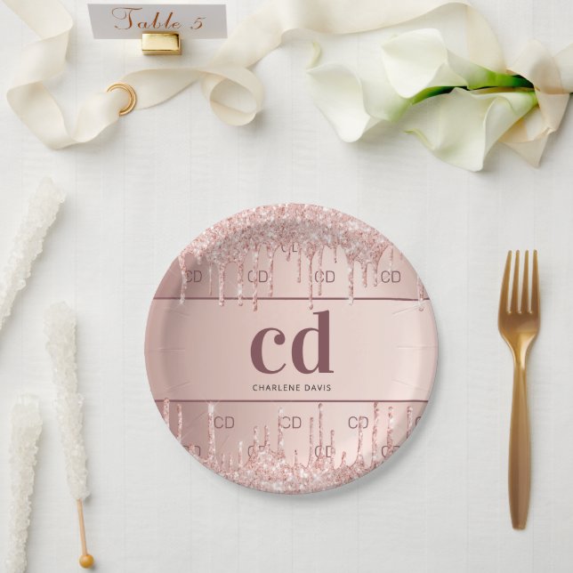 Bridal shower rose gold glitter monogram initials paper plate (Wedding)