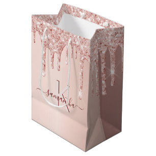 Bridal Shower rose gold glitter pink monogram Medium Gift Bag