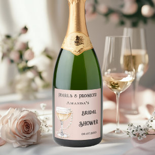 Bridal shower rose gold pearls prosecco sparkling wine label