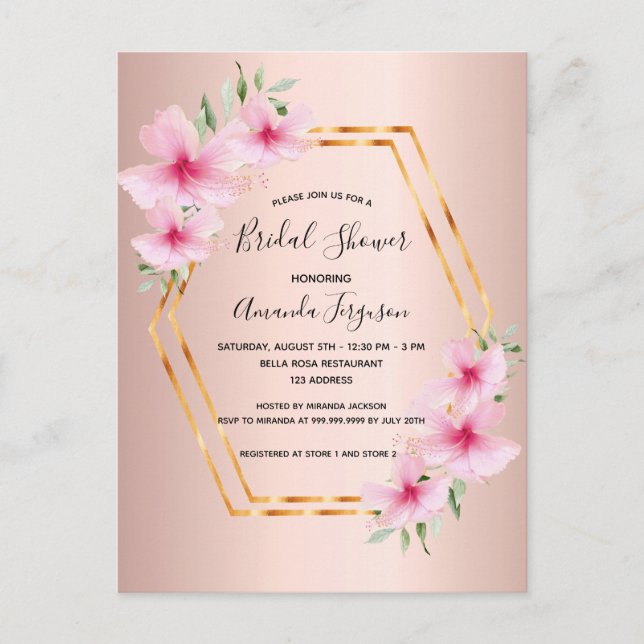Bridal shower rose gold pink flowers invitation postcard (Front)