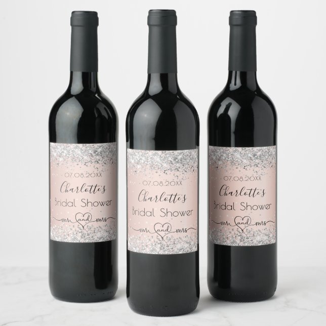 Bridal shower rose gold silver mr mrs wine label (Bottles)