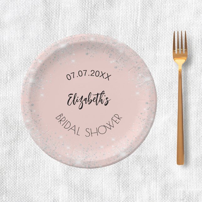 Bridal Shower rose gold silver sparkles name Paper Plate (Creator Uploaded)