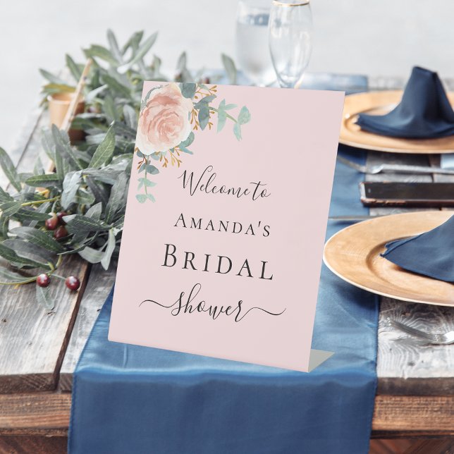 Bridal Shower rose pink floral greenery welcome Pedestal Sign (Creator Uploaded)