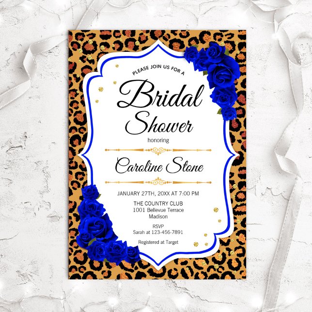 Bridal Shower - Royal Blue Roses Leopard Print Invitation (Creator Uploaded)