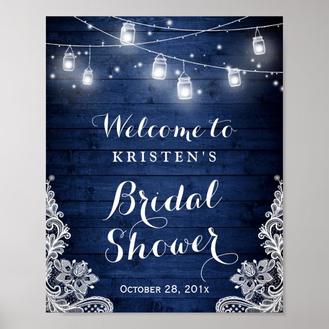 Bridal Shower Rustic Blue Mason Jar Lights Lace Poster (Front)