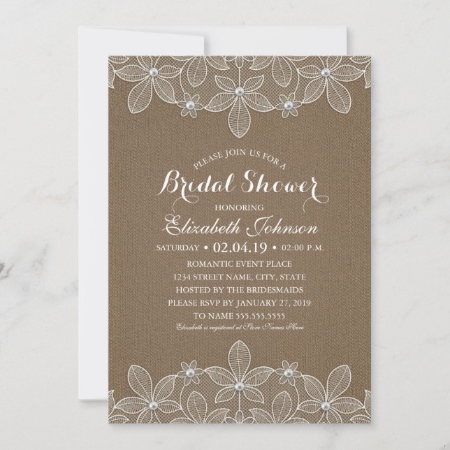 Bridal Shower Rustic Burlap Lace Elegant Vintage Invitation (Front)