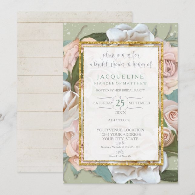 Bridal Shower Rustic Romantic Pink Rose Floral Invitation (Front/Back)