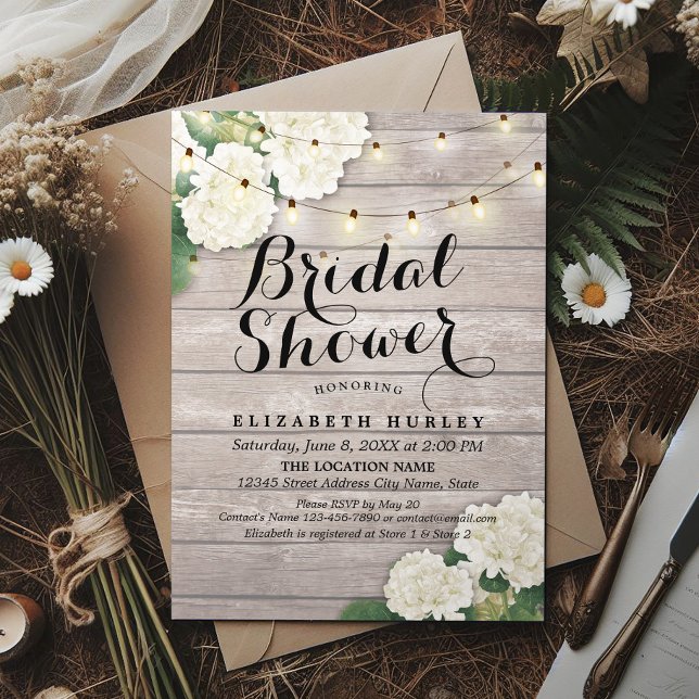 Bridal Shower Rustic Wood Hydrangea Flowers Lights Invitation (Creator Uploaded)