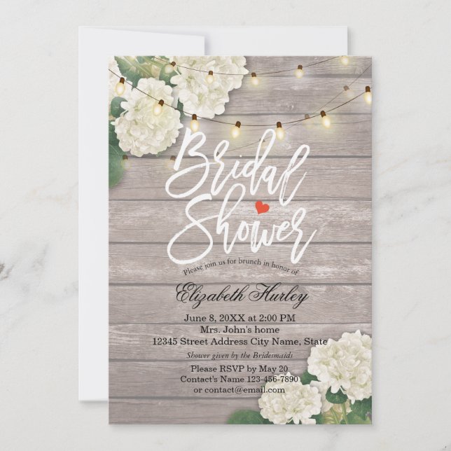 Bridal Shower Rustic Wood Hydrangea Flowers Lights Invitation (Front)