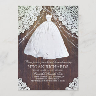 Bridal Shower   Rustic Wood   Lace   Wedding Gown Invitation