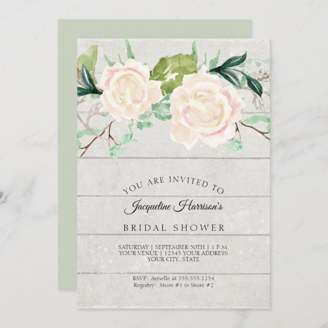 Bridal Shower Rustic Wood Watercolor Ivory Roses Invitation (Front/Back)