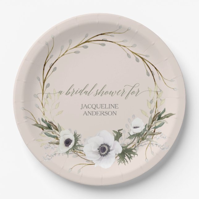 Bridal Shower Rustic Wreath Anemone Pink n White Paper Plate (Front)