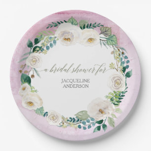 Bridal Shower Rustic Wreath Lavender White Roses Paper Plate
