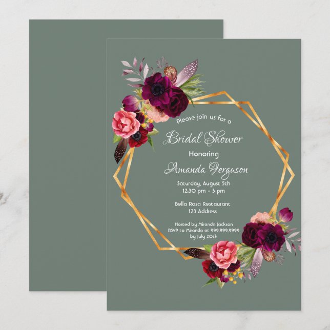 Bridal shower sage green floral geometric burgundy invitation (Front/Back)