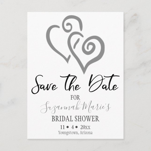 Bridal Shower Save The Date Grey Linked Hearts Announcement Postcard (Front)
