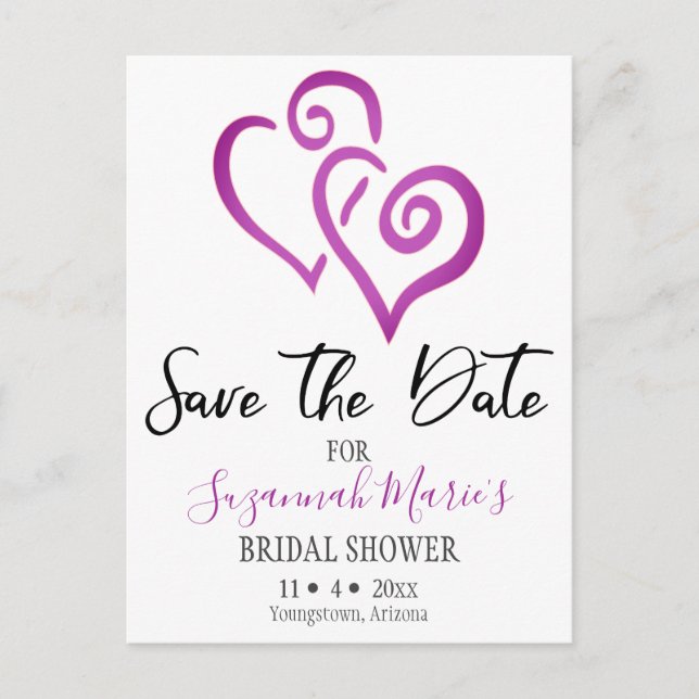 Bridal Shower Save The Date Magenta Linked Hearts Announcement Postcard (Front)