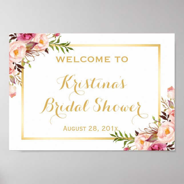 Bridal Shower Sign Elegant Chic Floral Gold Frame (Front)