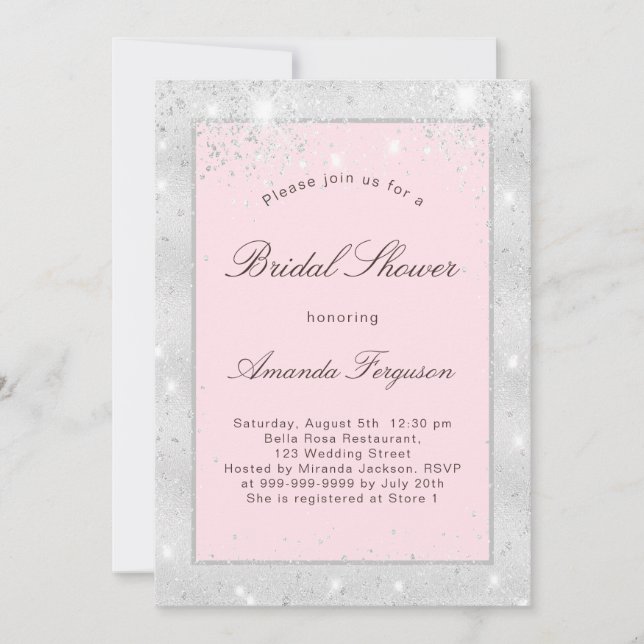 Bridal shower silver blush pink glitter elegant invitation (Front)