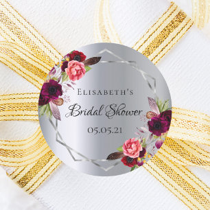 Bridal Shower Silver burgundy florals geometric Classic Round Sticker