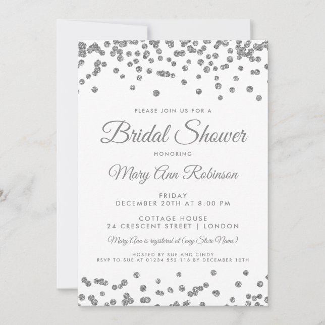 Bridal Shower Silver Faux Glitter Confetti White Invitation (Front)