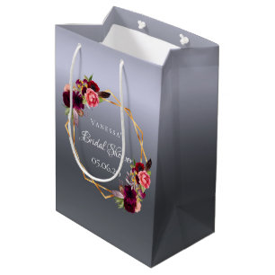 Bridal Shower silver florals burgundy geometric Medium Gift Bag