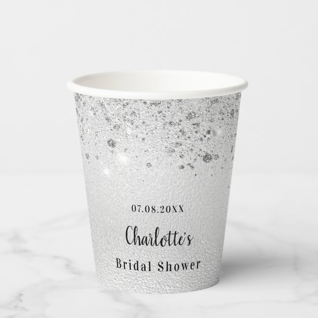 Bridal shower silver glitter elegant monogram paper cups (Front)
