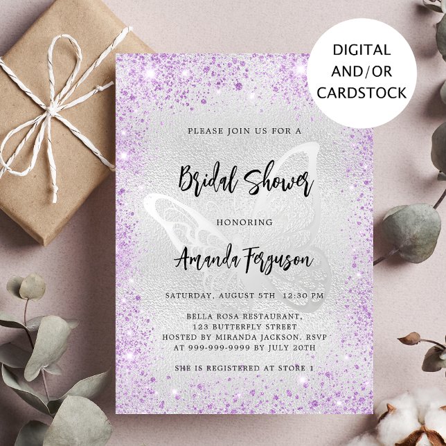 Bridal shower silver lavender glitter butterfly invitation (Creator Uploaded)