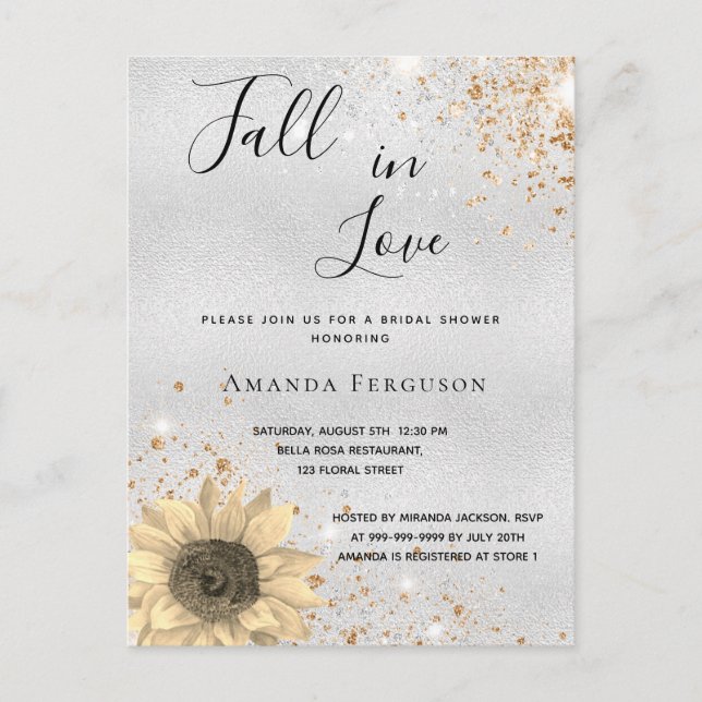Bridal shower silver rustic sunflower fall invitation postcard (Front)