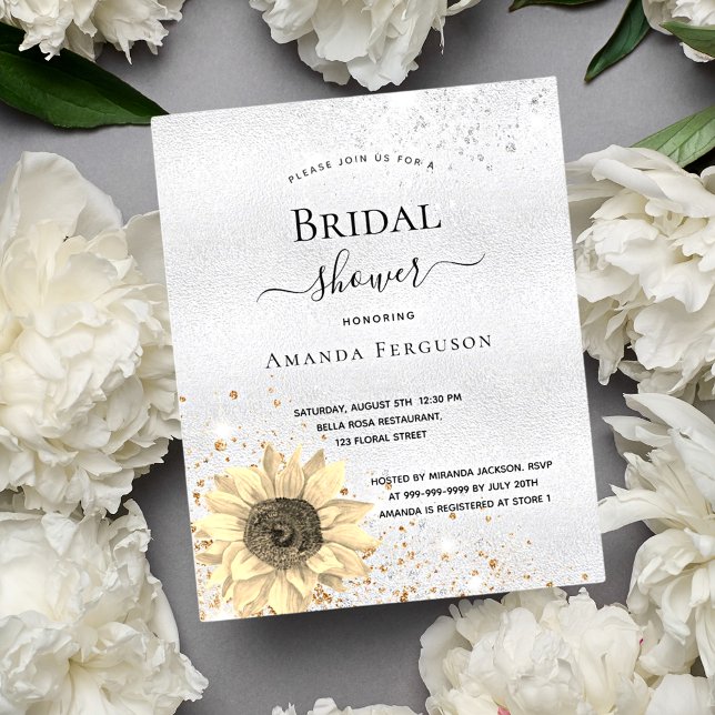 Bridal shower silver rustic sunflower glitter invitation postcard (Creator Uploaded)