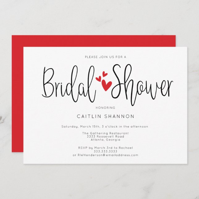 Bridal Shower Simple Red Hearts Calligraphy Invitation (Front/Back)