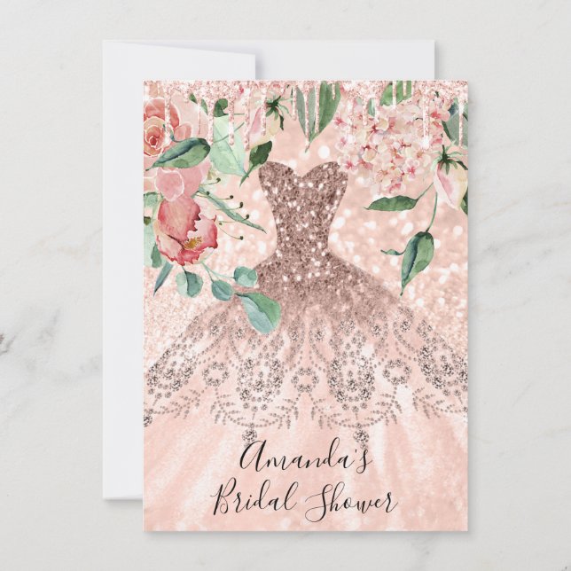 Bridal Shower Spark Rose Gold Pink Dress  Florals Invitation (Back)